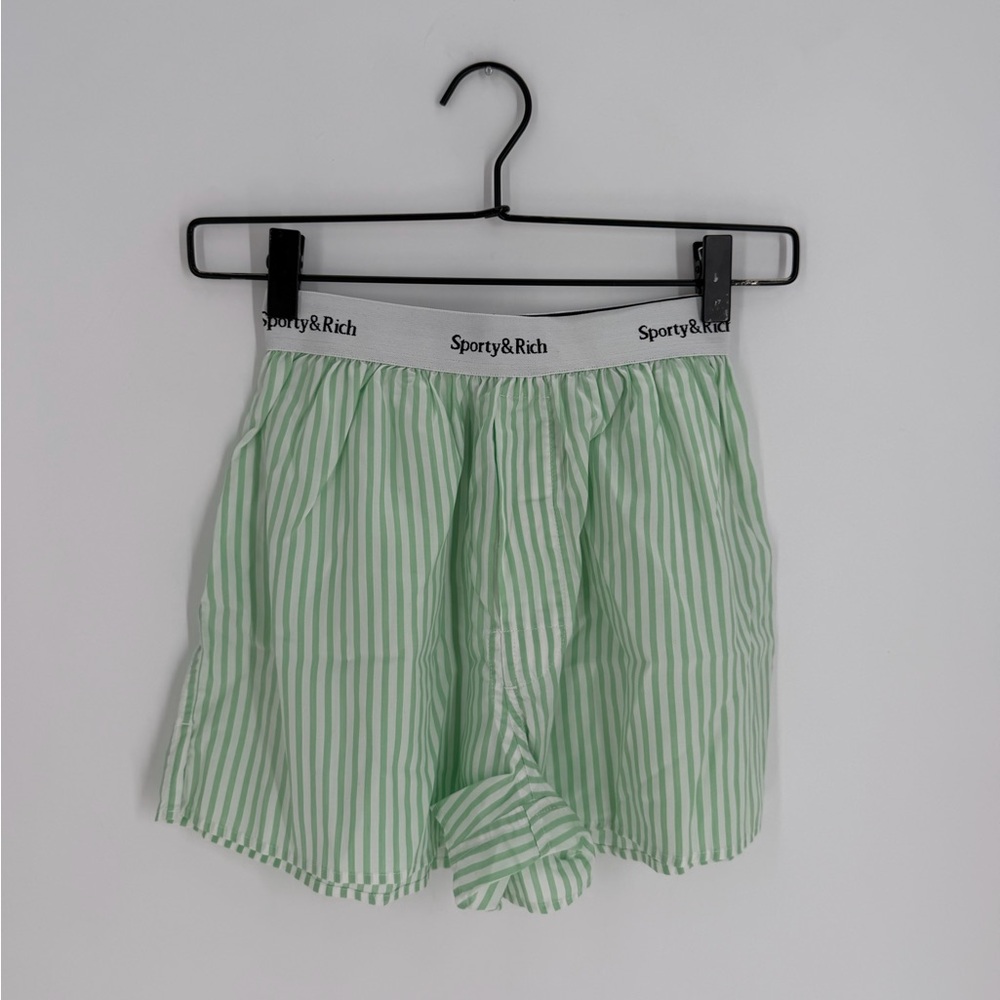 Sporty & Rich Cassie Striped Tencel Lyocell Logo Boxer Shorts White Light Green